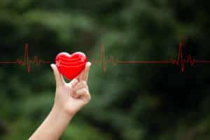 A red heart in a hand with heart scan results going across it